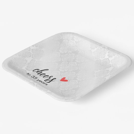 Wit Satijn Damask 35e Jubileum Papieren Bordje (Gebogen)