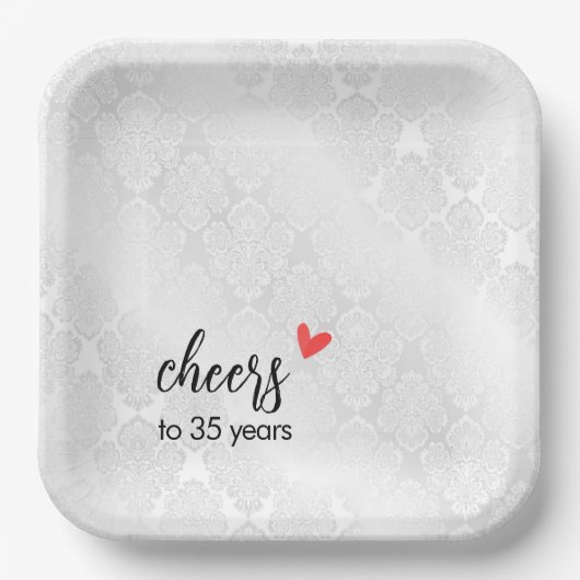 Wit Satijn Damask 35e Jubileum Papieren Bordje (Voorkant)