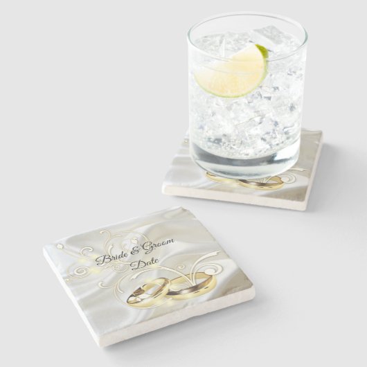 Wit satijn en goud ontwerp Trouwen Stenen Onderzetter (Zijkant)