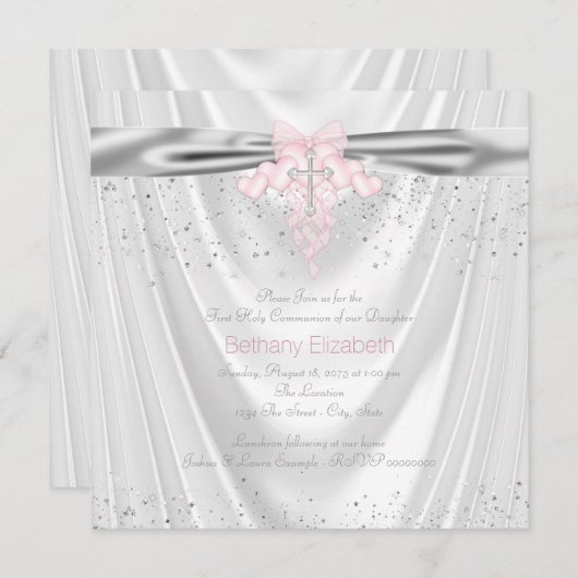 Wit Satijn Glitter Roze Kruis Eerste Communie Kaart (Voorkant / Achterkant)