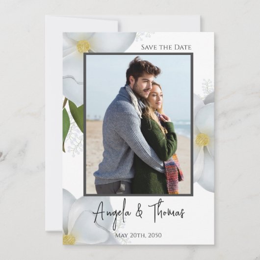 Wit Save the Date Foto QR Code Floral Magnolia (Voorkant)