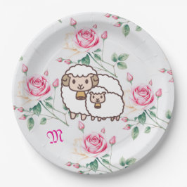 Wit schaap met Baby-lam en Rozen monogram Papieren Bordje