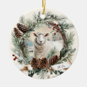 Wit schapendier boerderij kerst pinecone krans keramisch ornament (Voorkant)
