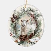 Wit schapendier boerderij kerst pinecone krans keramisch ornament (Links)