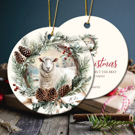 Wit schapendier boerderij kerst pinecone krans keramisch ornament