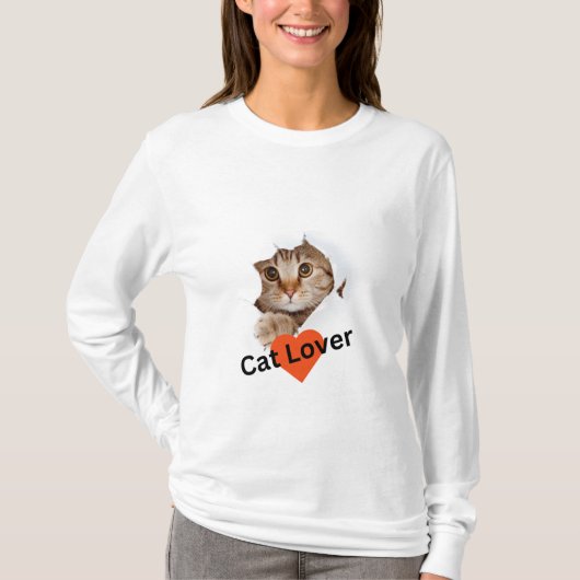 Wit Schattige Volledig Sleeve Kat Liefhebber Vrouw T-shirt (Voorkant)
