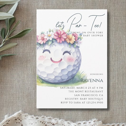 Wit Schoon Bloemig Golf Let's Par-Tee Baby Shower Kaart