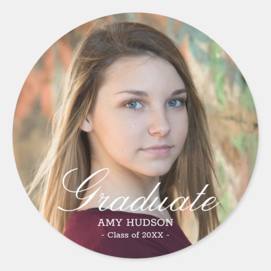 Wit Script Afstudeerfoto op maat Ronde Sticker (Voorkant)