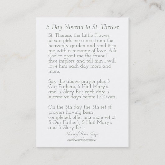 Wit script bedekken | St. Therese Little Flower Visitekaartje (Achterkant)