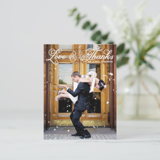 Wit Script Foto bruiloft Dank u Briefkaart (Staand voorkant)