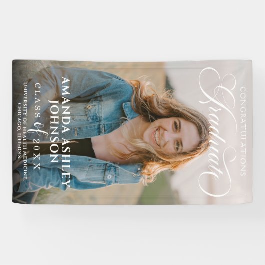 Wit Script Gefeliciteerd Foto Afstuderen Spandoek (Horizontaal)