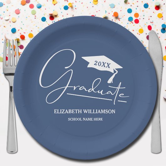 Wit Script Graduatie Cap Blauw Papieren Bordje