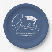Wit Script Graduatie Cap Blauw Papieren Bordje (Voorkant)