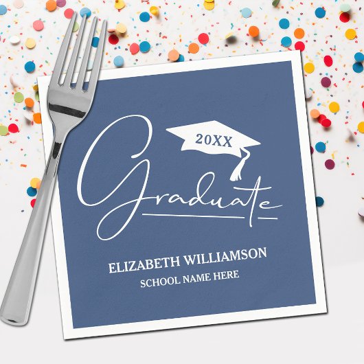 Wit Script Graduatie Cap Blauw Servet