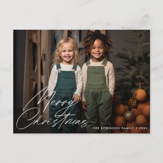 Wit script hand belettering kerstkaart briefkaart (Voorkant)