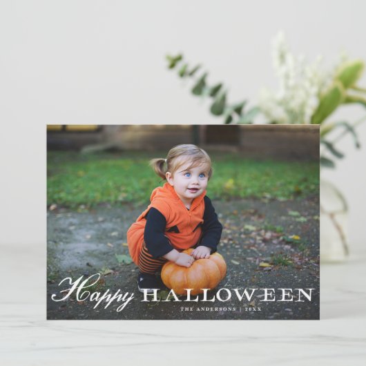 wit script Happy Halloween foto Feestdagenkaart (Staand voorkant)