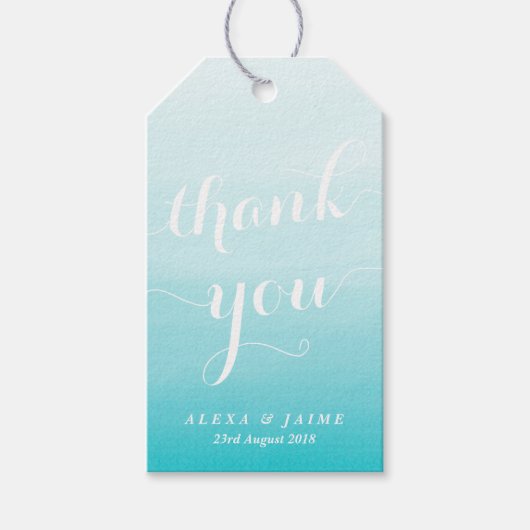Wit Script Licht Blauw Waterverf Ombre Dank u Cadeaulabel (Voorkant)