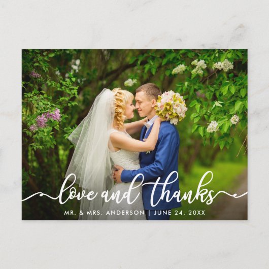Wit Script Liefde en Dank | Trouwfoto Briefkaart (Voorkant)