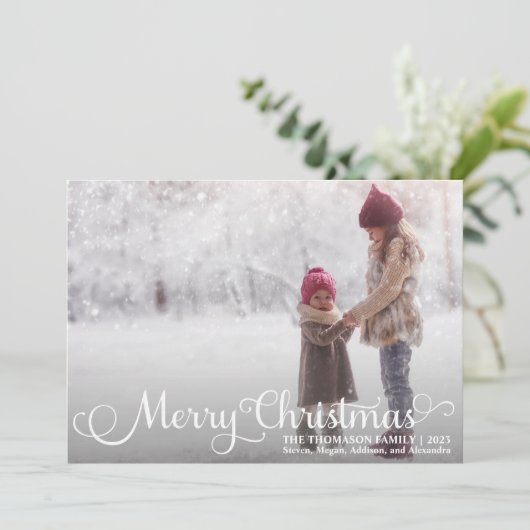 Wit Script Vrolijk Kerstmis Foto Kerst Kaarten (Staand voorkant)