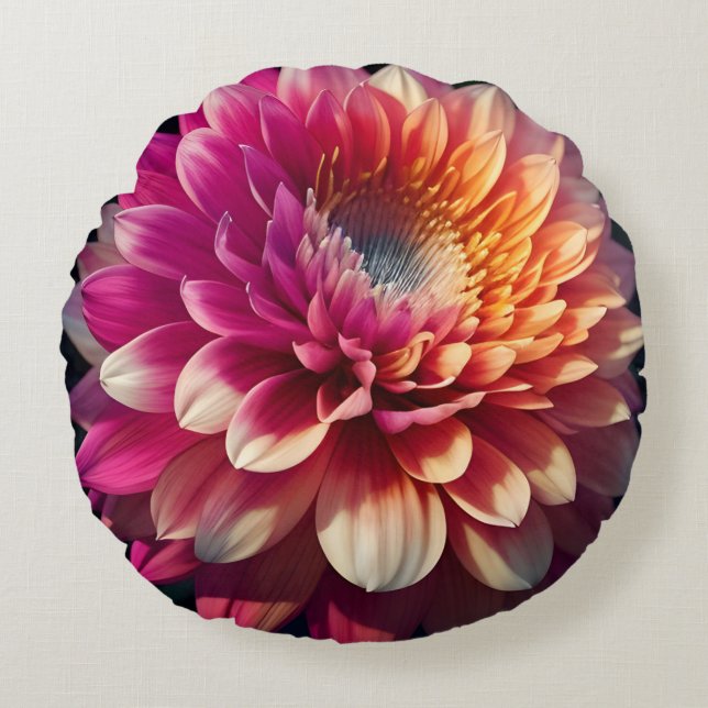 Wit Sinaasappel Geel Roze Paarse Blauw Dahlia Flow Rond Kussen (Voorkant)
