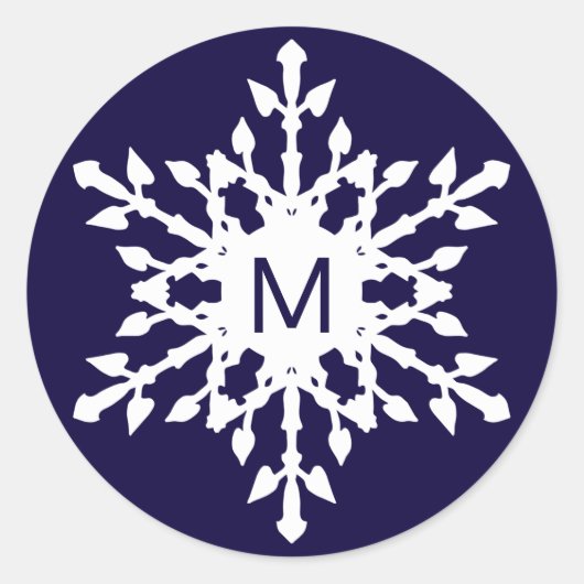 Wit sneeuwvlokmotief op marineblauw met monogram ronde sticker (Voorkant)