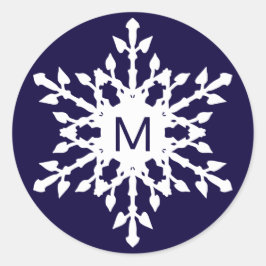 Wit sneeuwvlokmotief op marineblauw met monogram ronde sticker