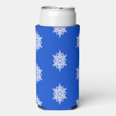 Wit sneeuwvlokpatroon op blauw seltzer blikjeskoeler (Seltzer Achterkant)