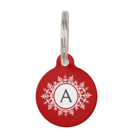  wit Snowflake Monogram op Festive Red Huisdierpenning