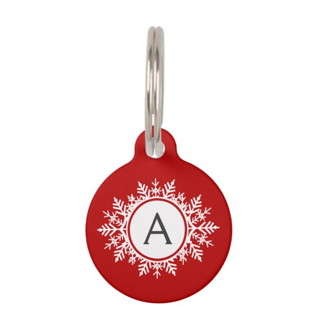  wit Snowflake Monogram op Festive Red Huisdierpenning (Voorkant)