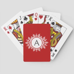wit Snowflake Monogram op Festive Red Pokerkaarten