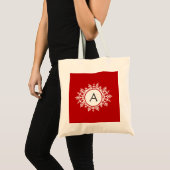  wit Snowflake Monogram op Festive Red Tote Bag (Voorkant (product))