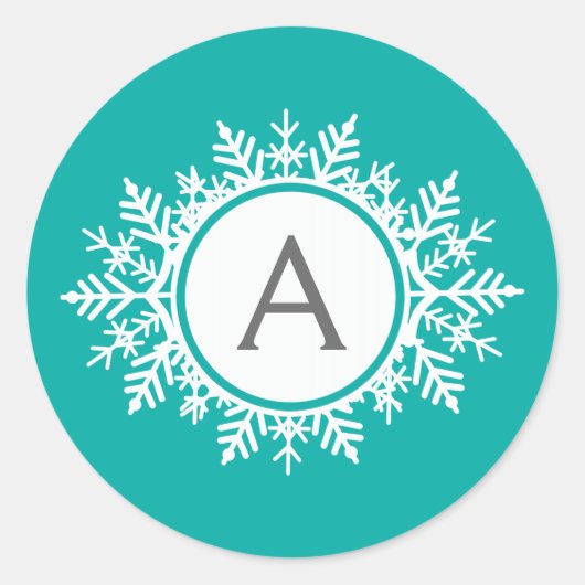 wit Snowflake Monogram op helder Blauwgroen Ronde Sticker (Voorkant)