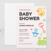 Wit Speels Illustratief Baby shower Uitnodiging (Voorkant / Achterkant)