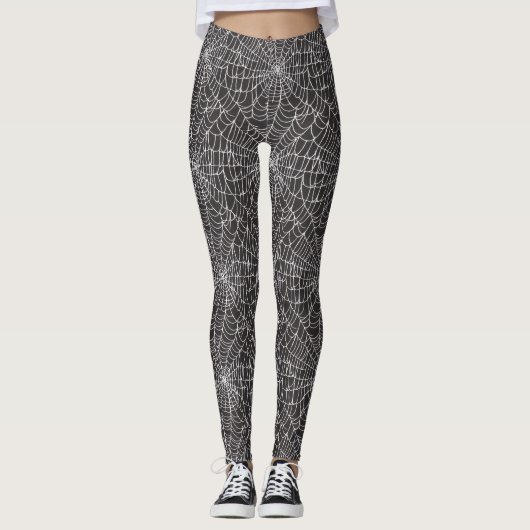 Wit Spinnenweb Halloween Design op Zwart Leggings (Voorkant)