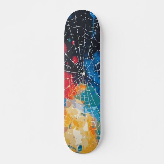 Wit spinnenweb op multi-kleur verfspatten persoonlijk skateboard (Voorkant)