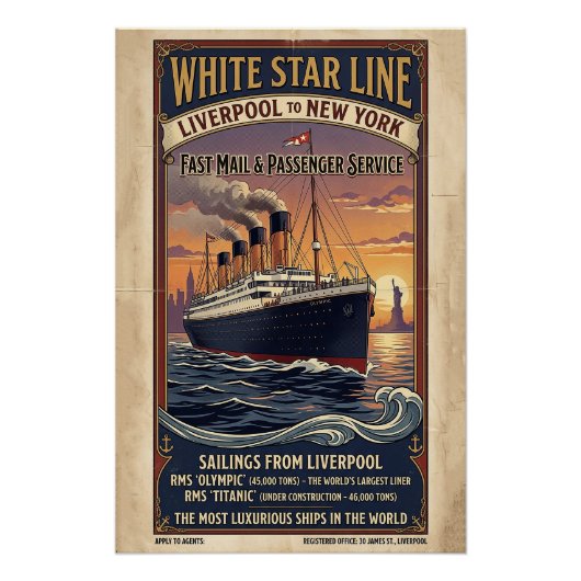 Wit Star Line Olympic & Titanic Poster uit het ver (Voorkant)
