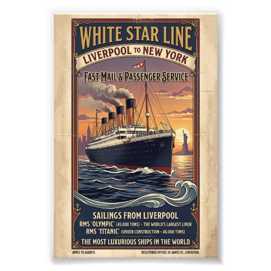 Wit Star Line Olympic & Titanic Poster uit het ver (Voorkant)