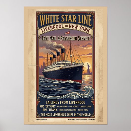 Wit Star Line Olympic & Titanic Poster uit het ver (Voorkant)