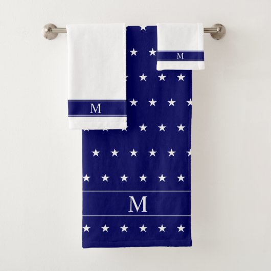 Wit sterpatroon & monogram op marineblauw & wit bad handdoek (Insitu)
