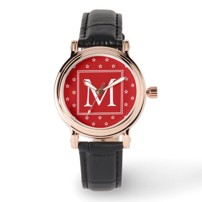 Wit sterrenpatroon op helderrood monogram horloge (Voorkant)