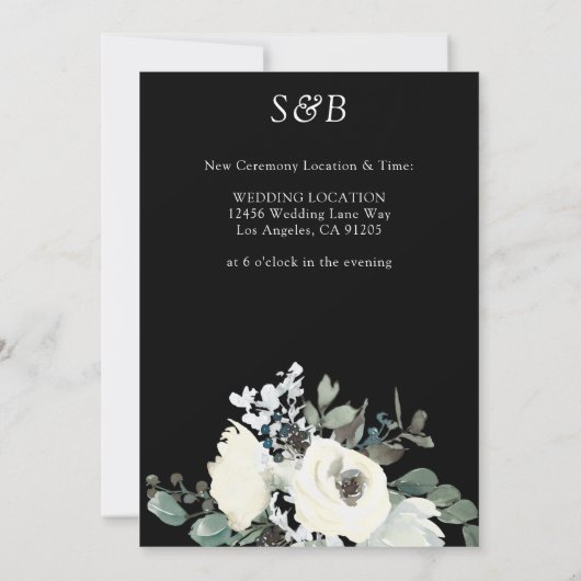 Wit & Stofblauw Bloemmotief op Zwarte Datum Wijzig Kaart (Achterkant)