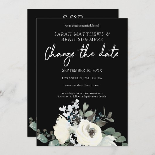 Wit & Stofblauw Bloemmotief op Zwarte Datum Wijzig Kaart (Voorkant / Achterkant)