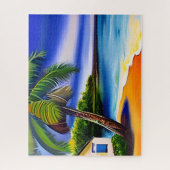 Wit strandhuis en blauw water legpuzzel (Verticaal)