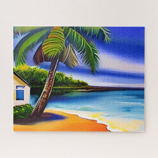 Wit strandhuis en blauw water legpuzzel (Horizontaal)