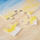 Wit strandhuis en blauw water legpuzzel (Zijkant)
