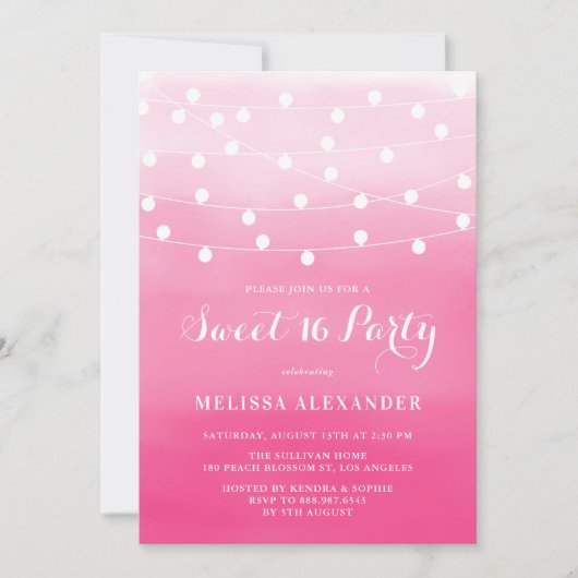 Wit String Lights Roze Ombre Sweet 16 Party Kaart (Voorkant)