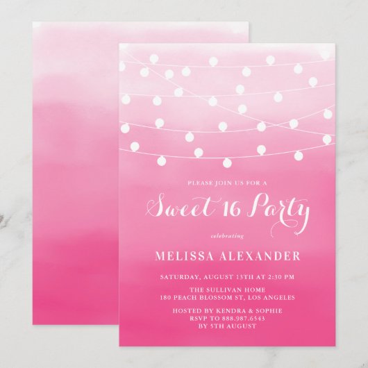 Wit String Lights Roze Ombre Sweet 16 Party Kaart (Voorkant / Achterkant)