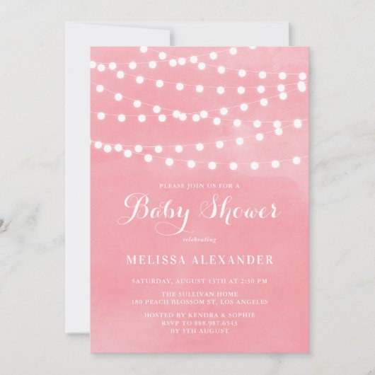 Wit String Lights Roze Waterverf Baby shower Kaart (Voorkant)