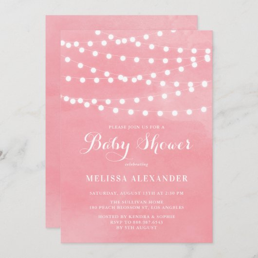 Wit String Lights Roze Waterverf Baby shower Kaart (Voorkant / Achterkant)