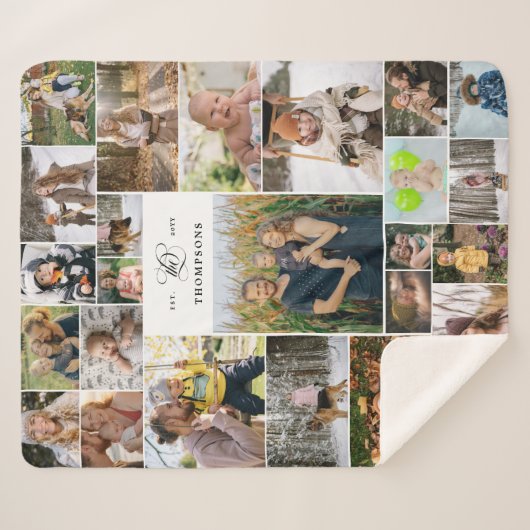 Wit Swirly De familienaam 25 Fotocollage Sherpa Deken (Voorkant (horizontaal))